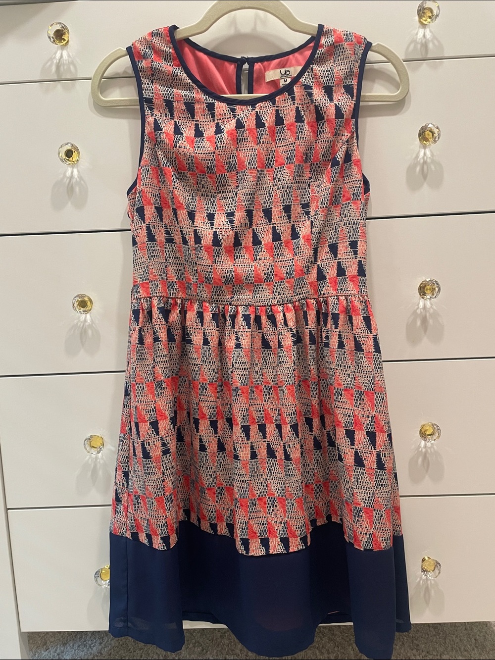 Ya Los Angeles Navy and Coral Geometric Sleeveless Dress